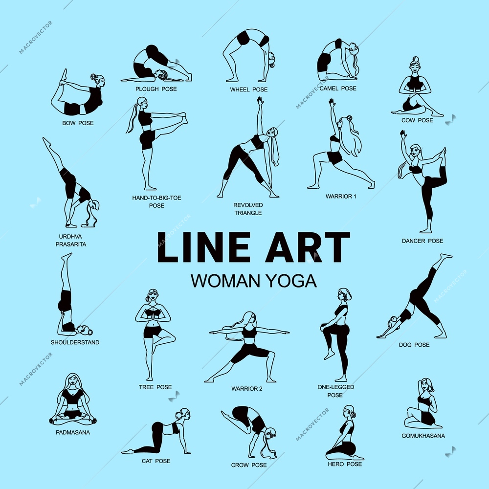 Line art woman yoga composition with editable text and set of isolated female figures with captions vector illustration