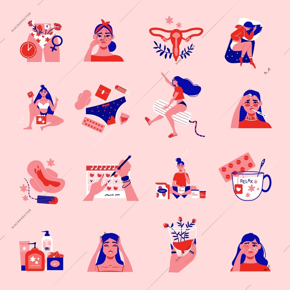 Menstruation pms woman color set with isolated female characters icons of sanitary products womb and calendar vector illustration