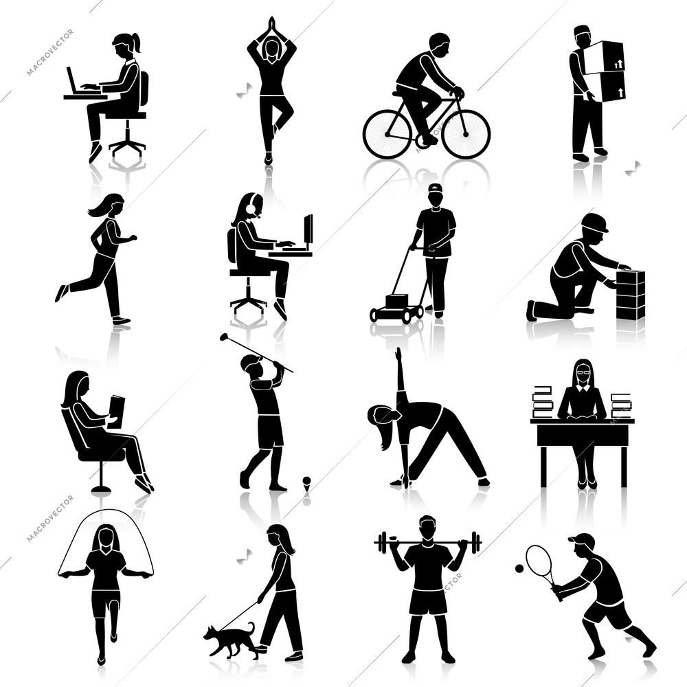 Physical activity black icons set with people cycling reading training isolated vector illustration