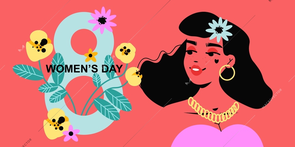 International womens day horizontal banner with female character and flowers in ornate digit with editable text vector illustration