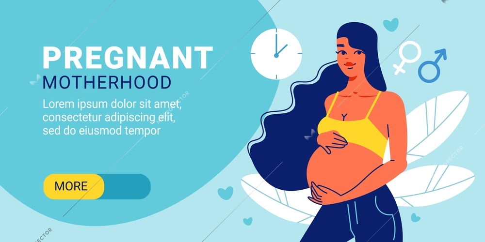 Pregnant motherhood horizontal banner with editable text slider more button and female character with clock icon vector illustration