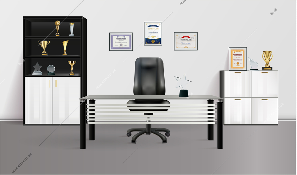 Office interior realistic background with desk armchair winners cups on  cabinet shelves vector illustration