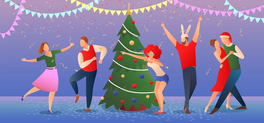 Christmas celebration flat gradient horizontal vector illustration with happy adult people dancing around decorated christmas tree