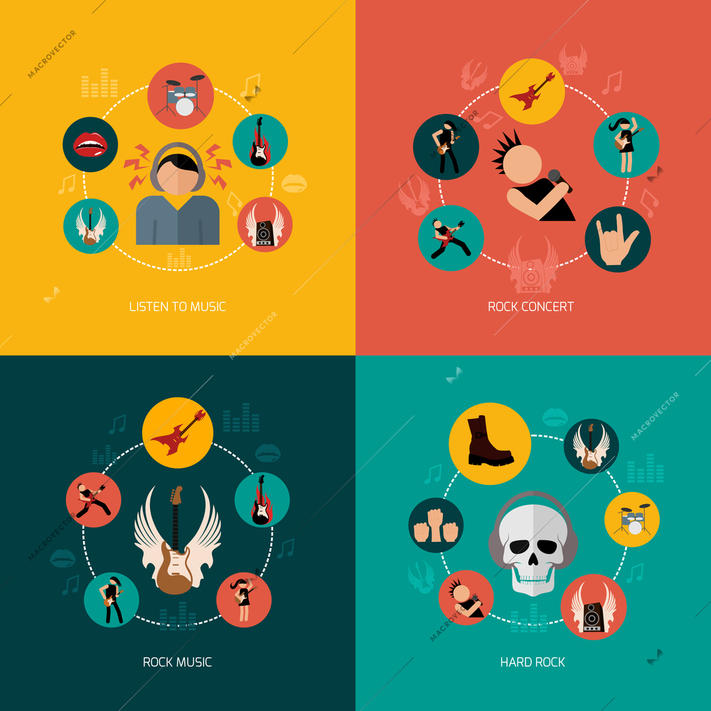 Hard rock music concert flat icons composition set isolated vector illustration