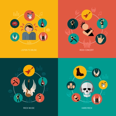 Hard rock music concert flat icons composition set isolated vector illustration