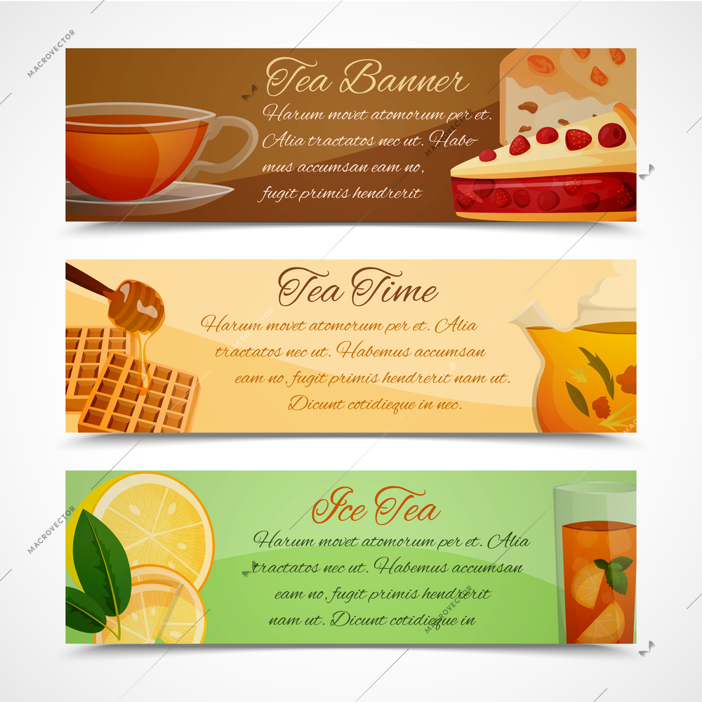 Black green and iced tea time horizontal banners set isolated vector illustration