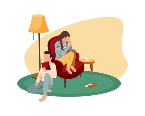 People reading and drinking cocoa with marshmellow in cozy house in winter flat vector illustration