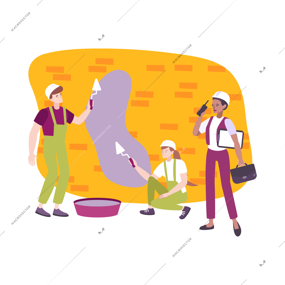 Interior designer watching workers painting wall flat vector illustration