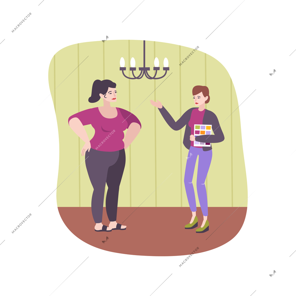 Woman talking to interior designer in living room flat vector illustration