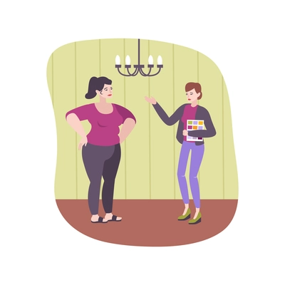 Woman talking to interior designer in living room flat vector illustration