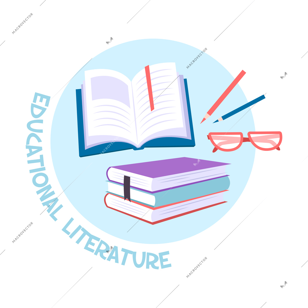 Educational literature flat concept with books pencils glasses vector illustration