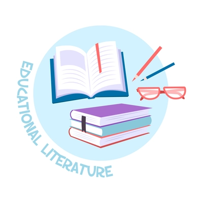 Educational literature flat concept with books pencils glasses vector illustration