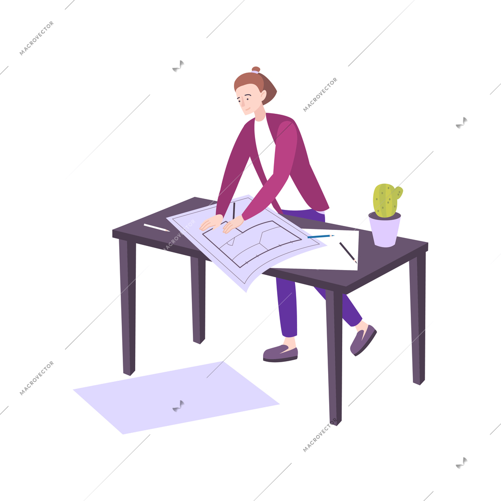 Female interior designer with room plan at her work place flat vector illustration