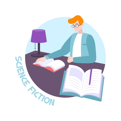 Man in glasses reading science fiction book at desk flat vector illustration