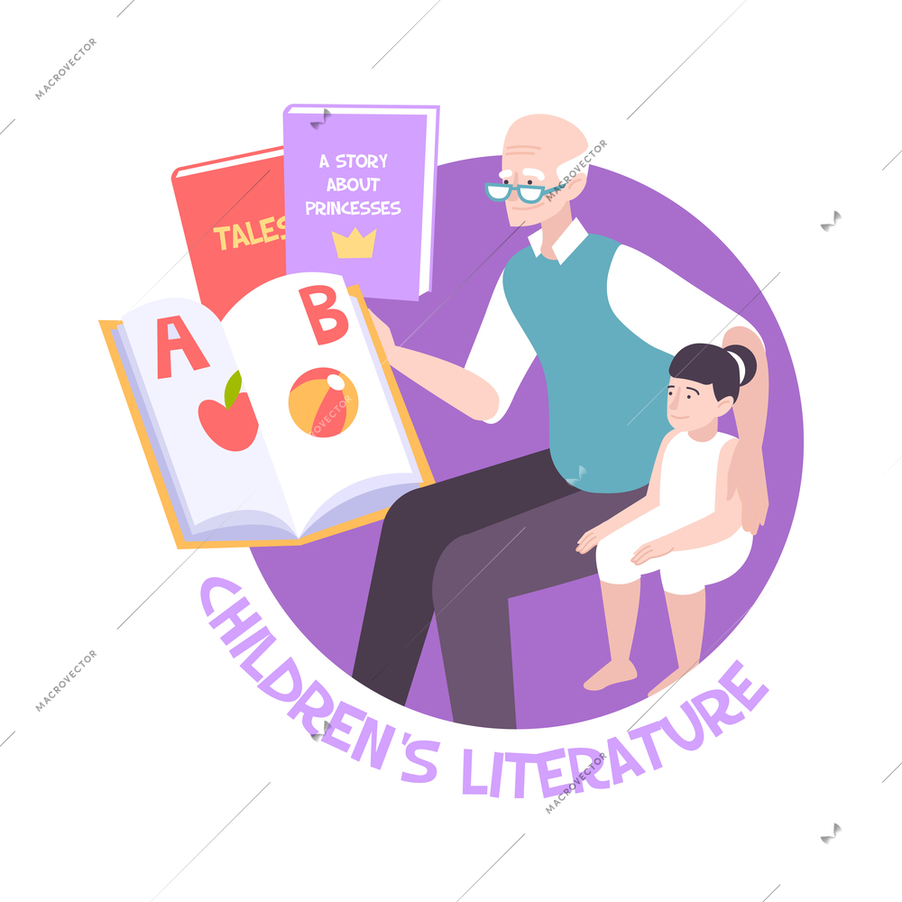 Grandpa reading children book to granddaughter flat vector illustration