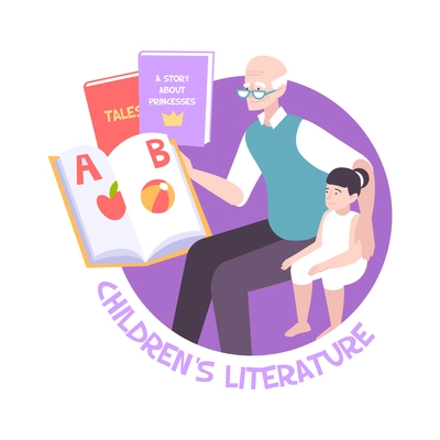 Grandpa reading children book to granddaughter flat vector illustration