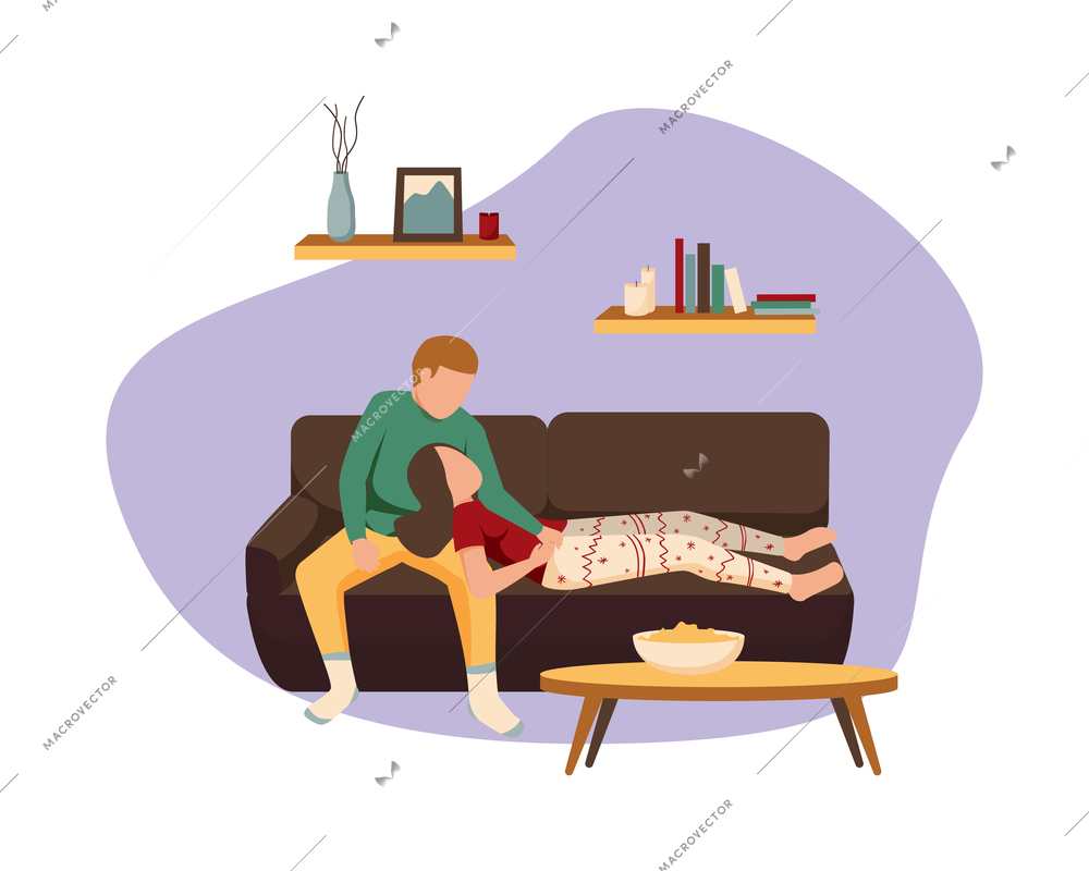 Couple relaxing in cozy room in winter flat vector illustration