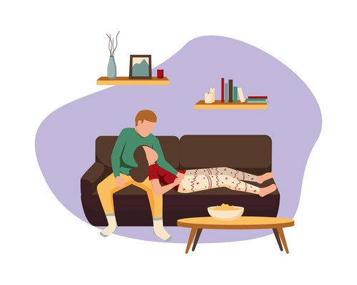 Couple relaxing in cozy room in winter flat vector illustration