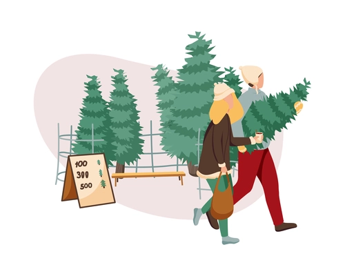 Cozy winter flat concept with people buying christmas tree vector illustration