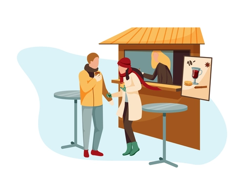 Cozy winter flat concept with people drinking mulled wine outdoors vector illustration