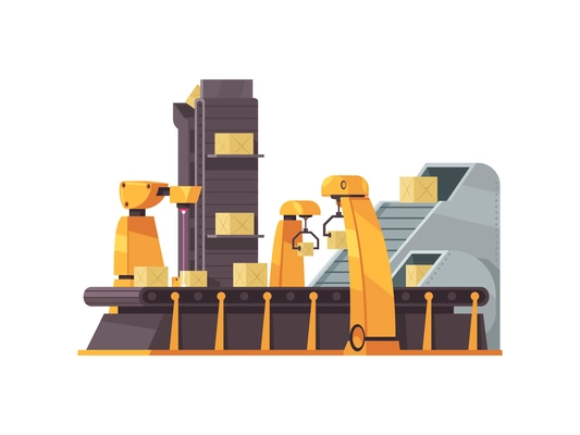 Packing factory machine with boxes on conveyor belt flat vector illustration