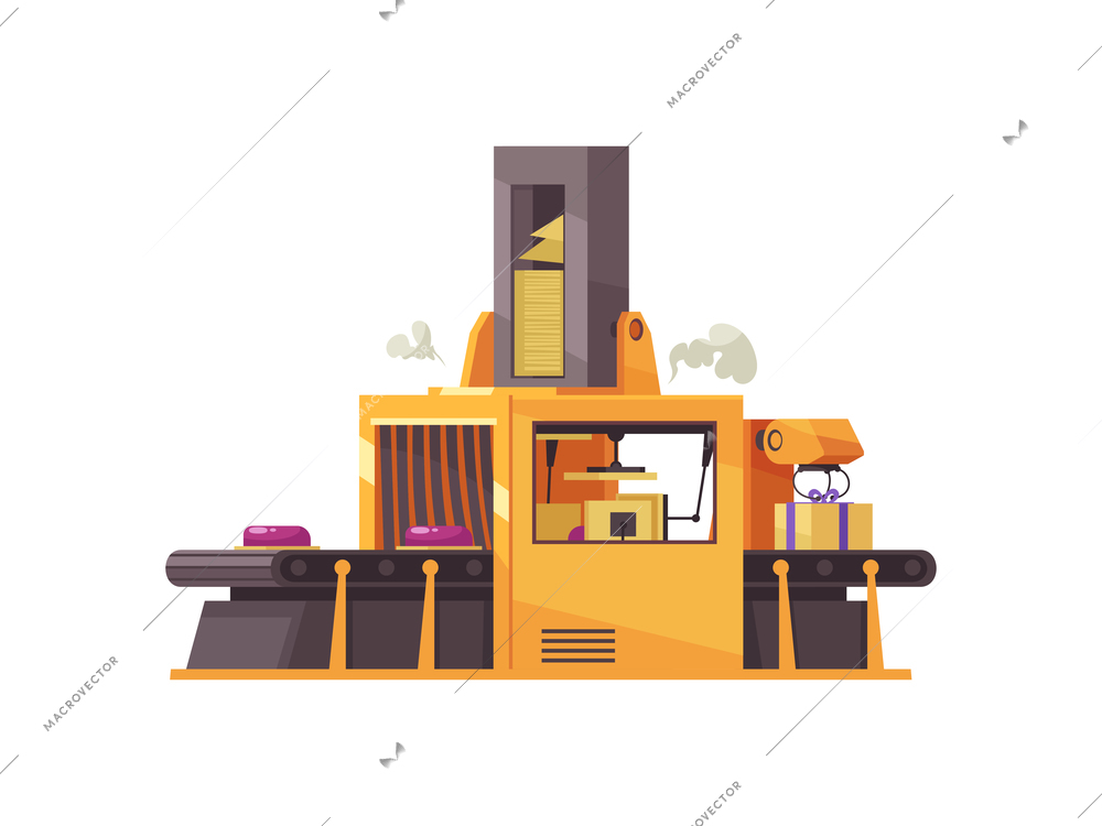 Automated robotic conveyor packing parcels flat vector illustration