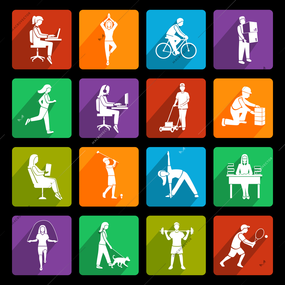 Physical activity flat icons set with running walking talking people isolated vector illustration