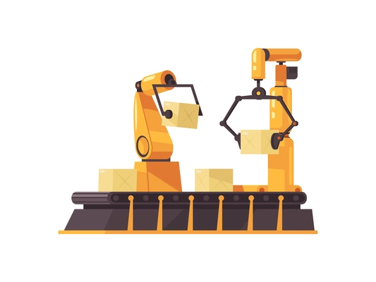 Flat automated robotic arms packing boxes on conveyor belt vector illustration