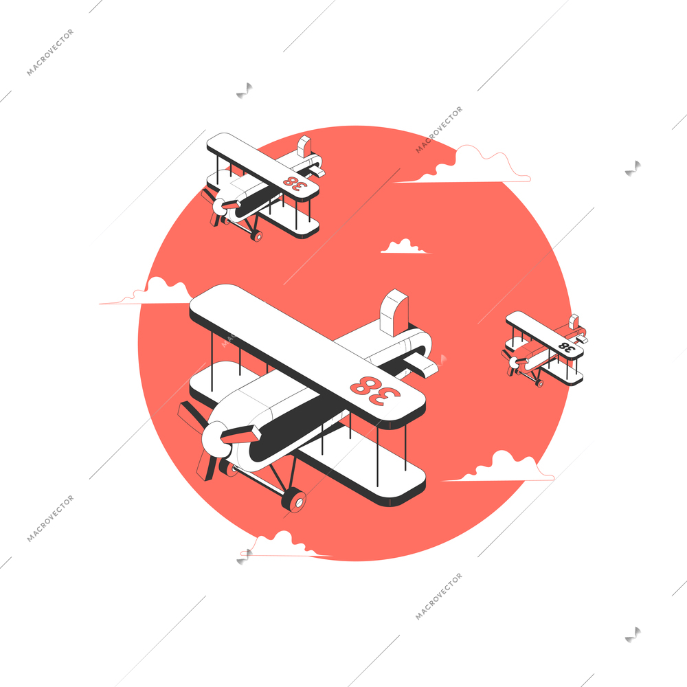 Air sport isometric icon with flying planes on red round background 3d vector illustration