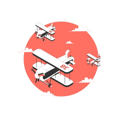 Air sport isometric icon with flying planes on red round background 3d vector illustration