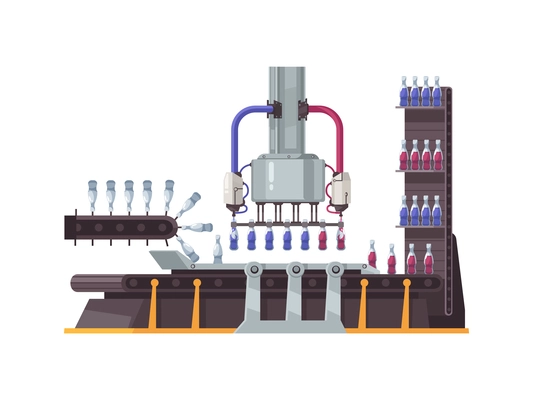 Automated robotic plant equipment filling bottles flat vector illustration