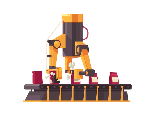 Flat automated packing machine with conveyor belt at work vector illustration