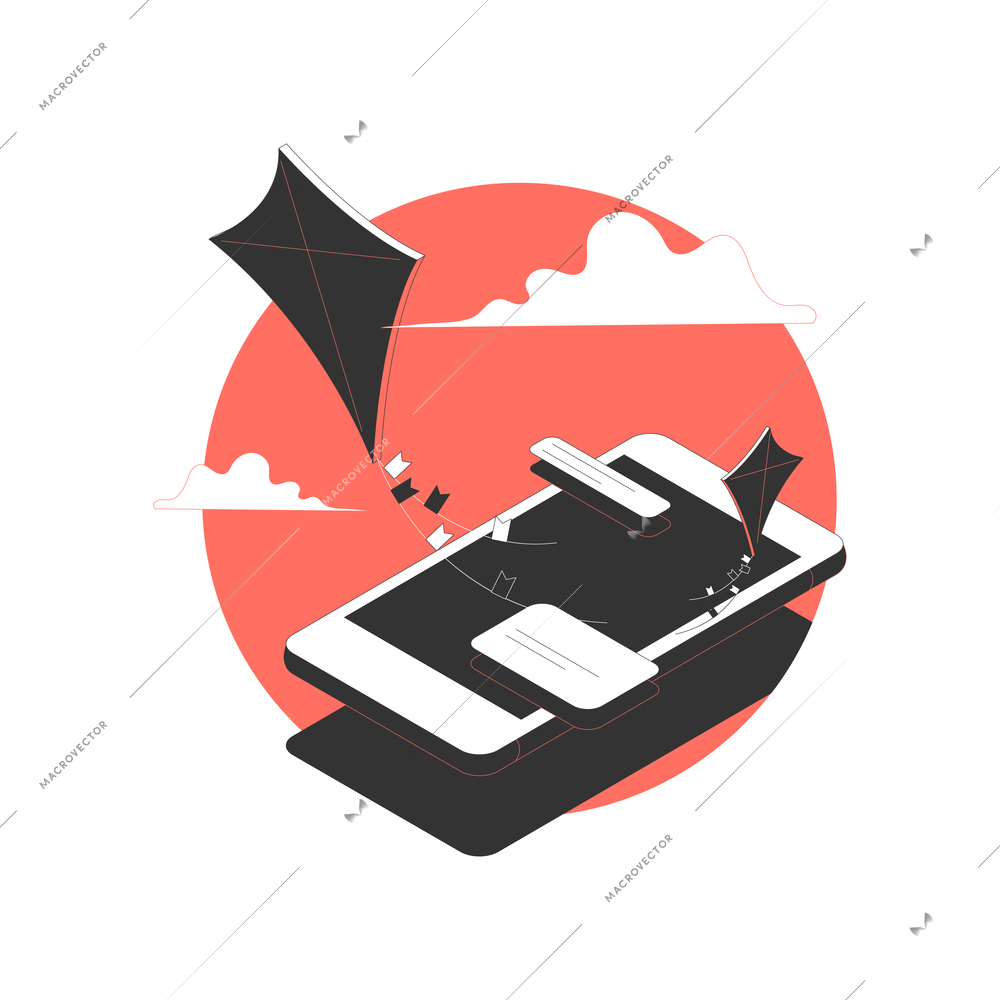 Isometric air sport composition with flying kites and smartphone 3d vector illustration