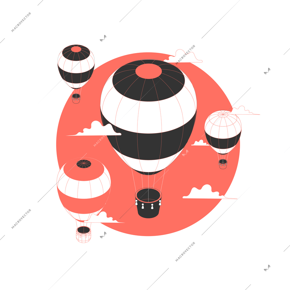 Red round icon with isometric flying air balloon 3d vector illustration