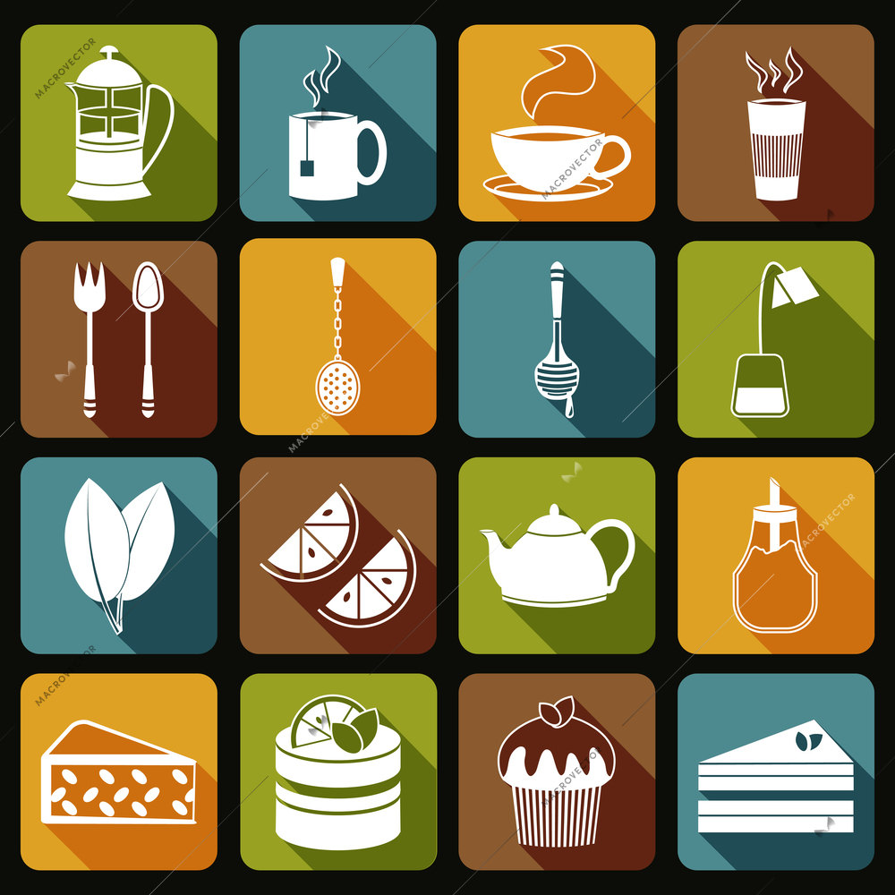 Tea icons flat set with leaf desserts spoon isolated vector illustration