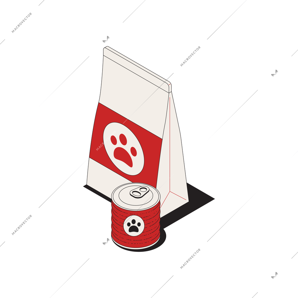 Isometric icon with colored tin and packet of cat food 3d vector illustration