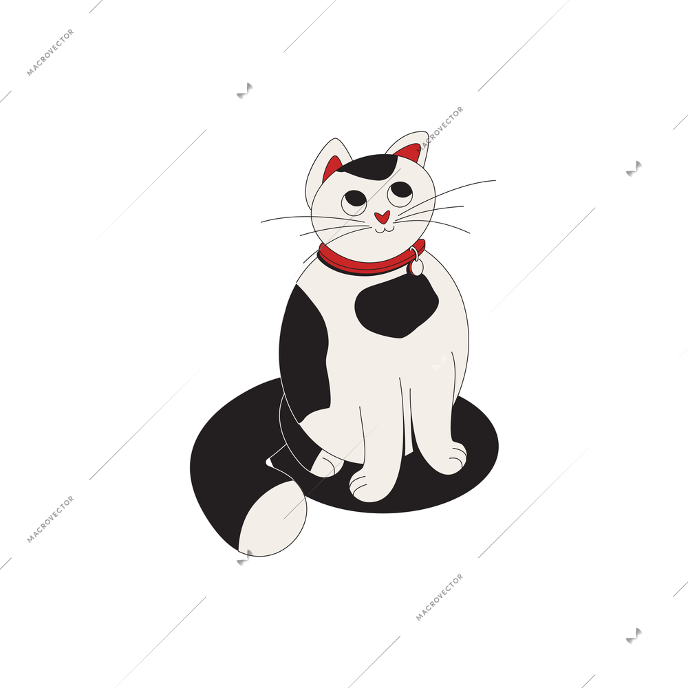 Cute white and black cat looking up 3d isometric vector illustration