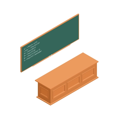 Green school board and teacher table on white background 3d isometric isolated vector illustration