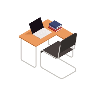 Isometric college classroom interior icon with desk chair laptop books 3d vector illustration