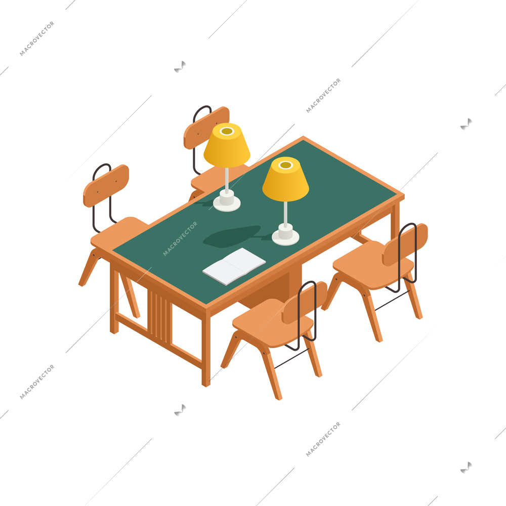 Isometric high school library table with chairs and lamps 3d vector illustration