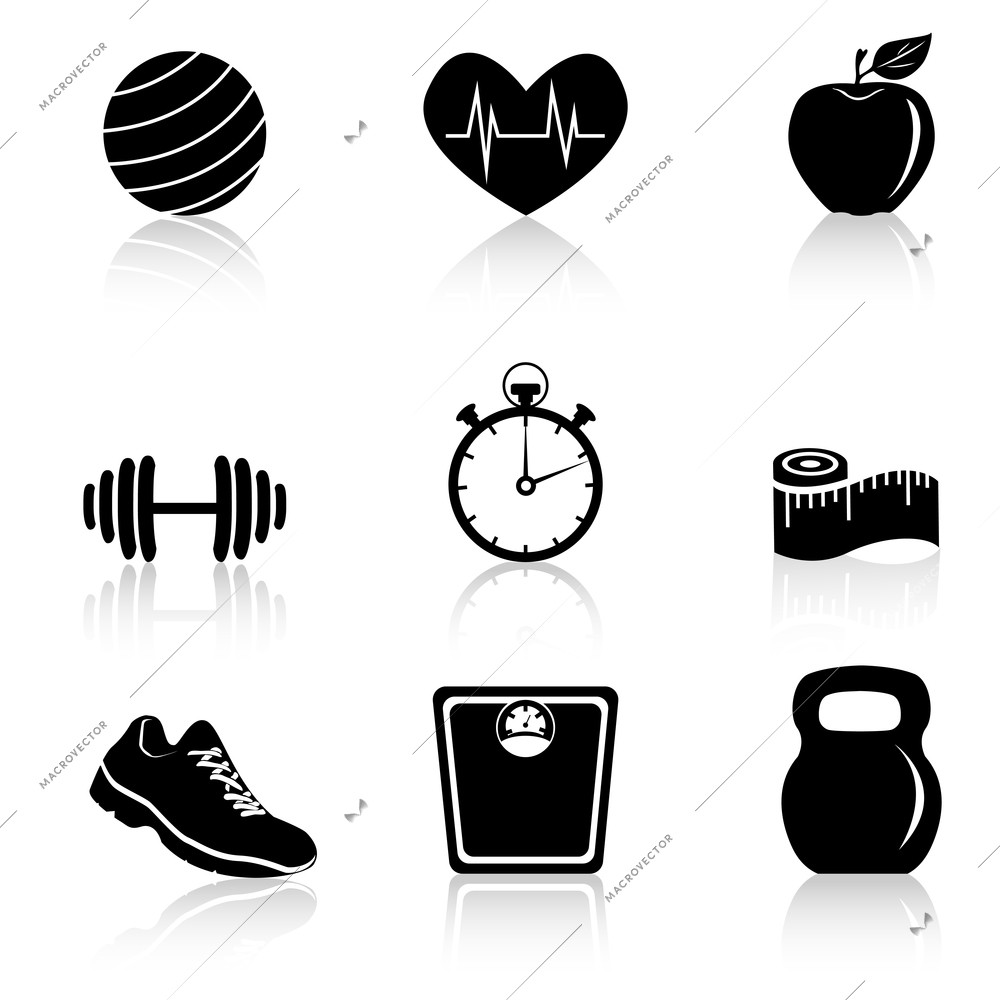 Fitness lifestyle and healthcare black icons set isolated vector illustration