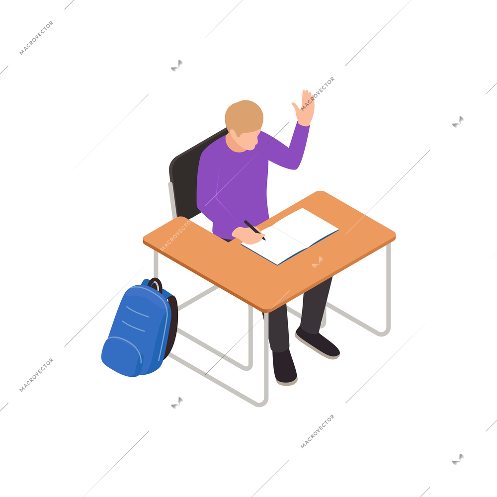 High school student raising hand in class 3d isometric vector illustration