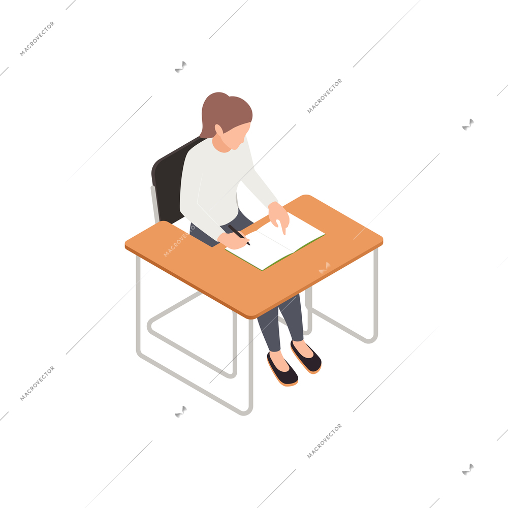 Girl high school student writing at desk 3d isometric vector illustration