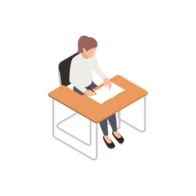 Girl high school student writing at desk 3d isometric vector illustration