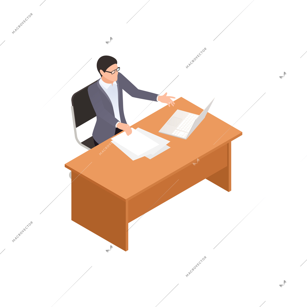 Isometric icon of male college teacher at his table 3d vector illustration