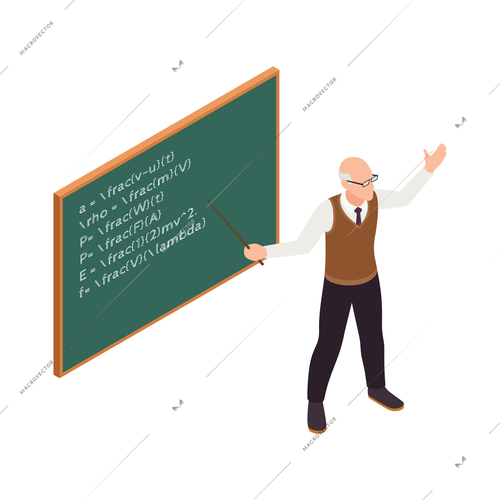 Elderly high school professor with pointer in front of board 3d isometric vector illustration