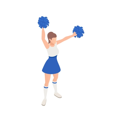 Isometric icon of female cheerleader dancing with pom poms 3d vector illustration