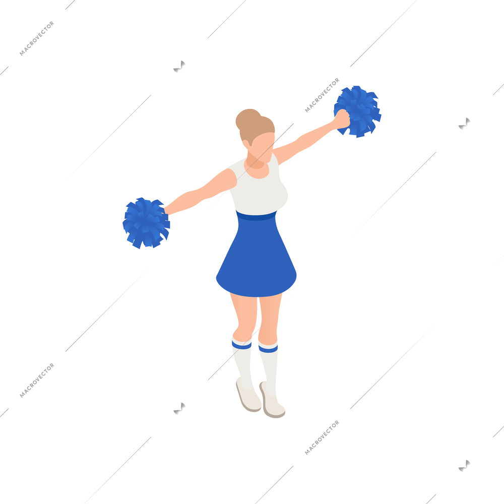 Cheerleader girl with blue pom poms on white background 3d isometric vector illustration