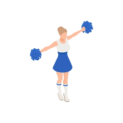 Cheerleader girl with blue pom poms on white background 3d isometric vector illustration