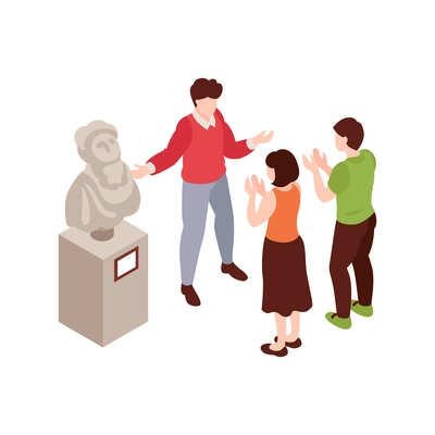 Art gallery visitors sculptor and his statue 3d isometric vector illustration